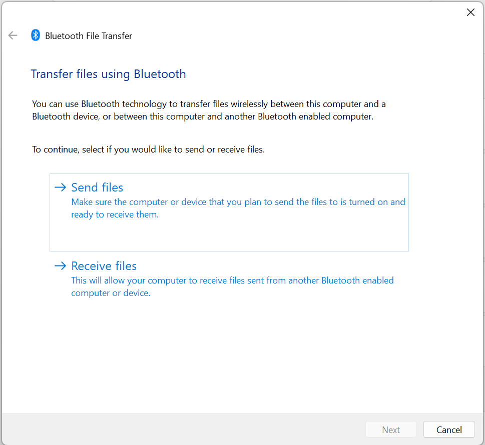 Choose Send files or Receive files