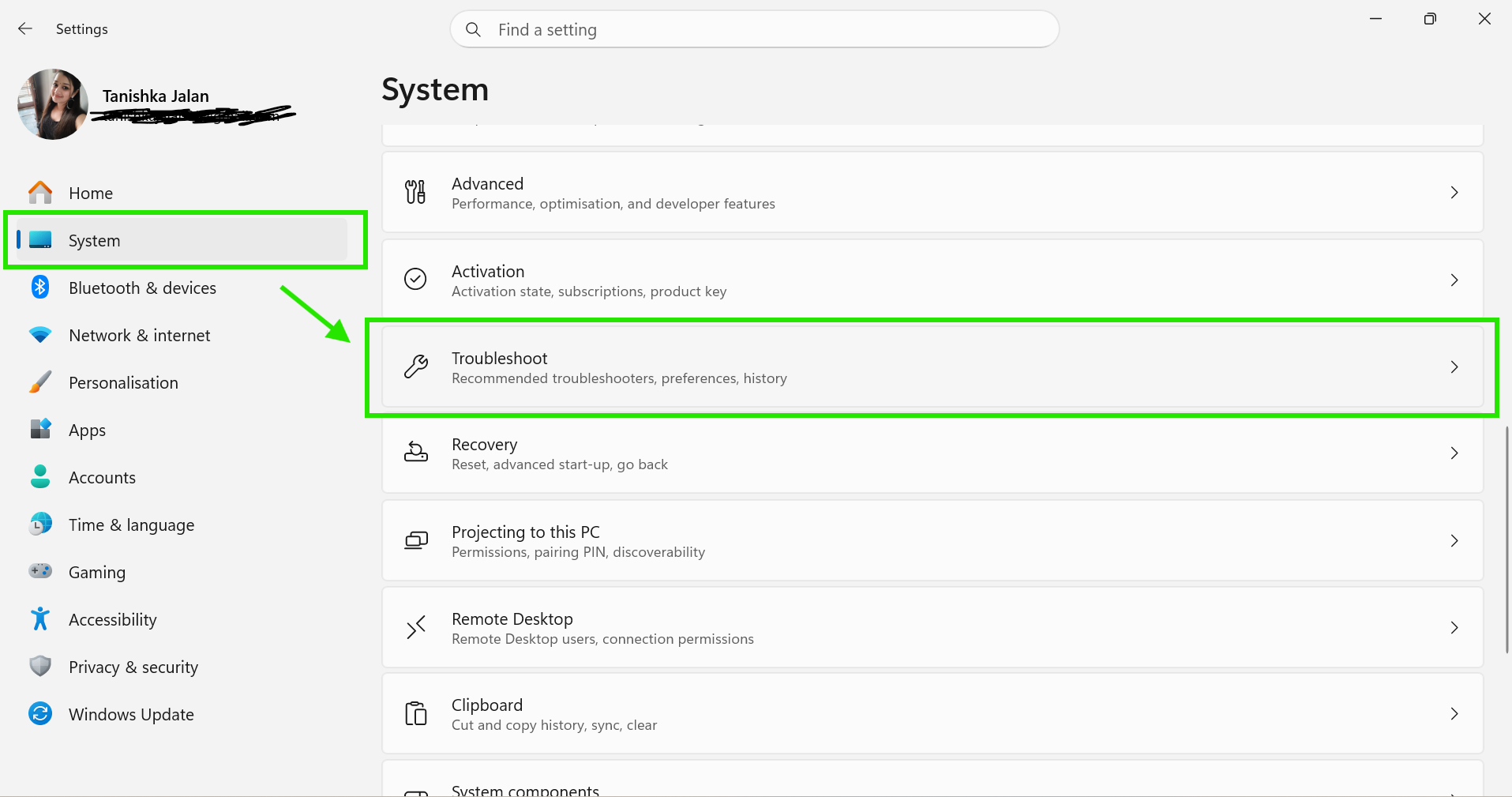 System > Troubleshoot > Other Troubleshooters