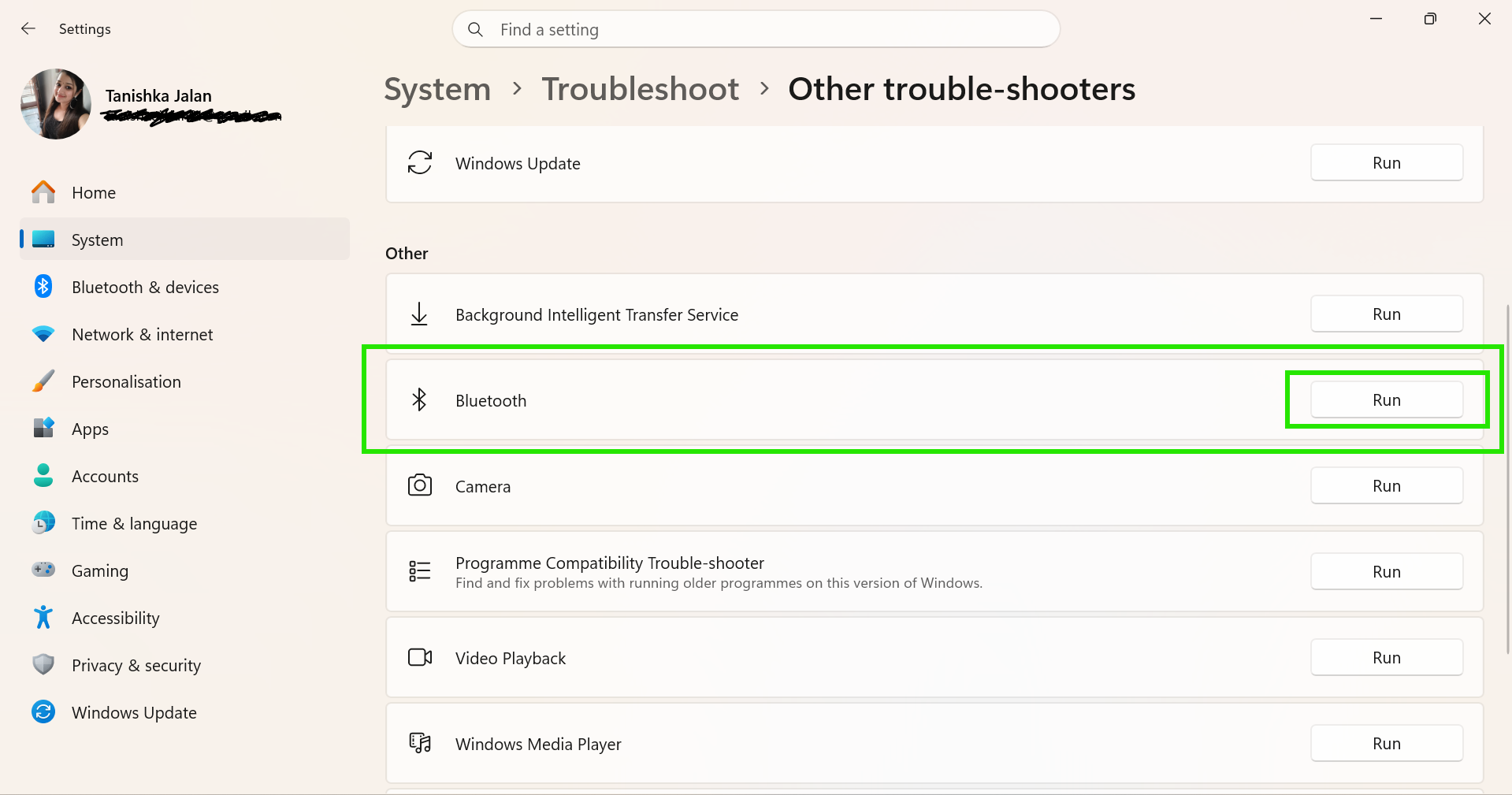 Now, find Bluetooth and click on Run Can't Send/Receive Files Using Bluetooth In Windows 11