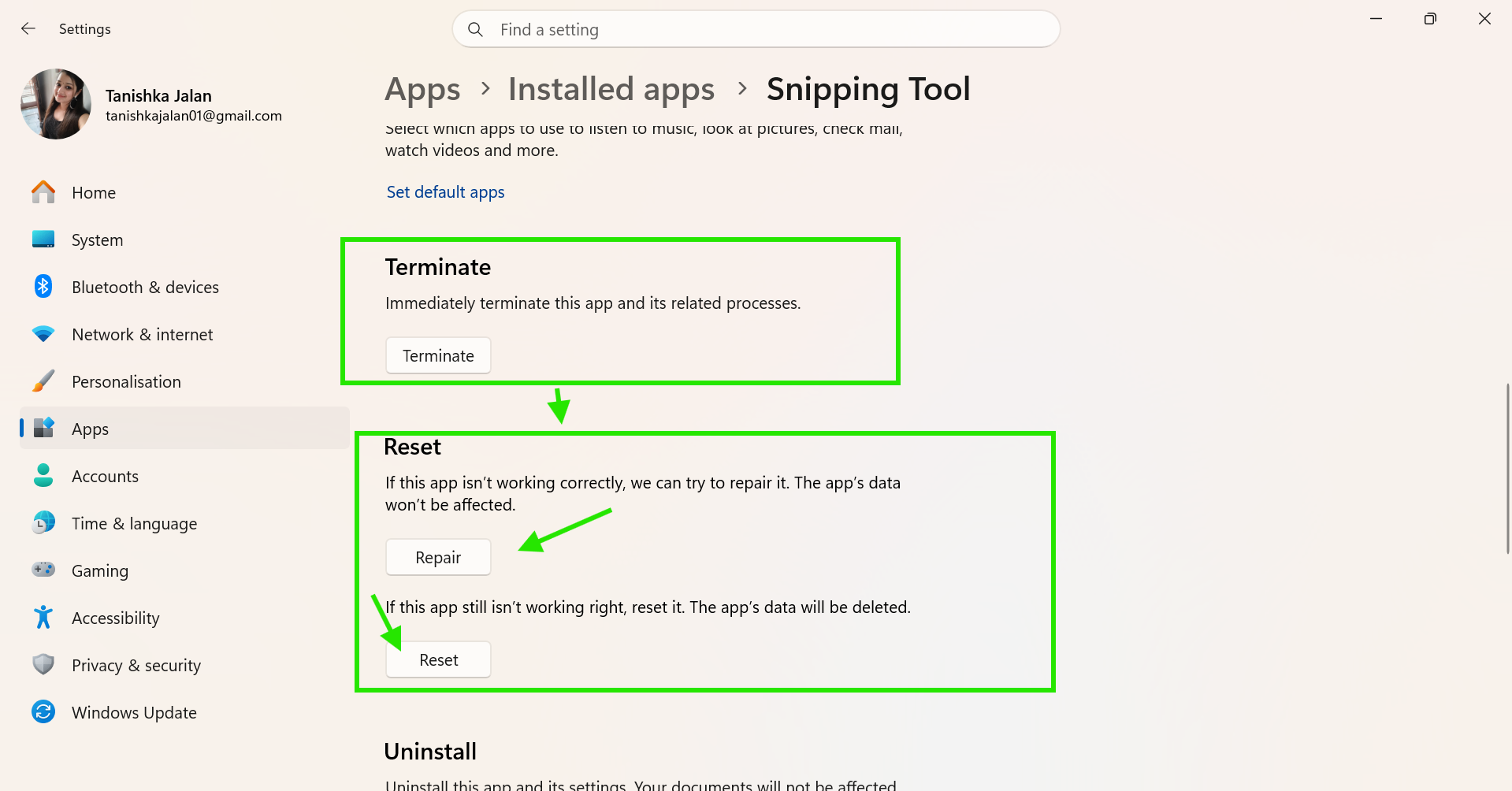 Repair Or Reset The App