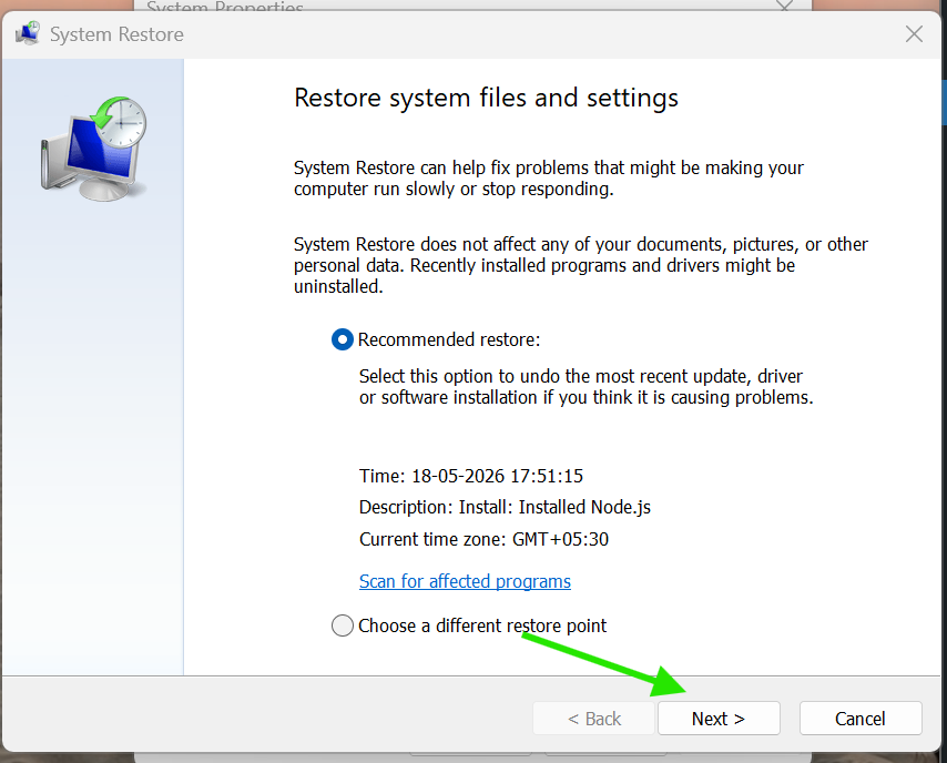 Restore User Profile Using System Restore