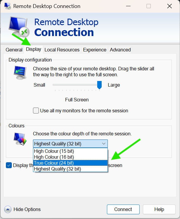 Change Remote Desktop Colour Settings