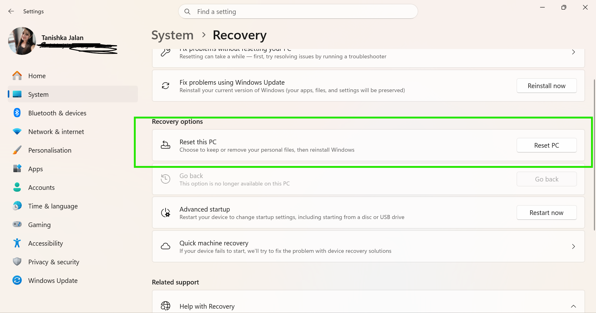 Reset this PC To Fix DRIVER PORTION MUST BE NONPAGED BSOD