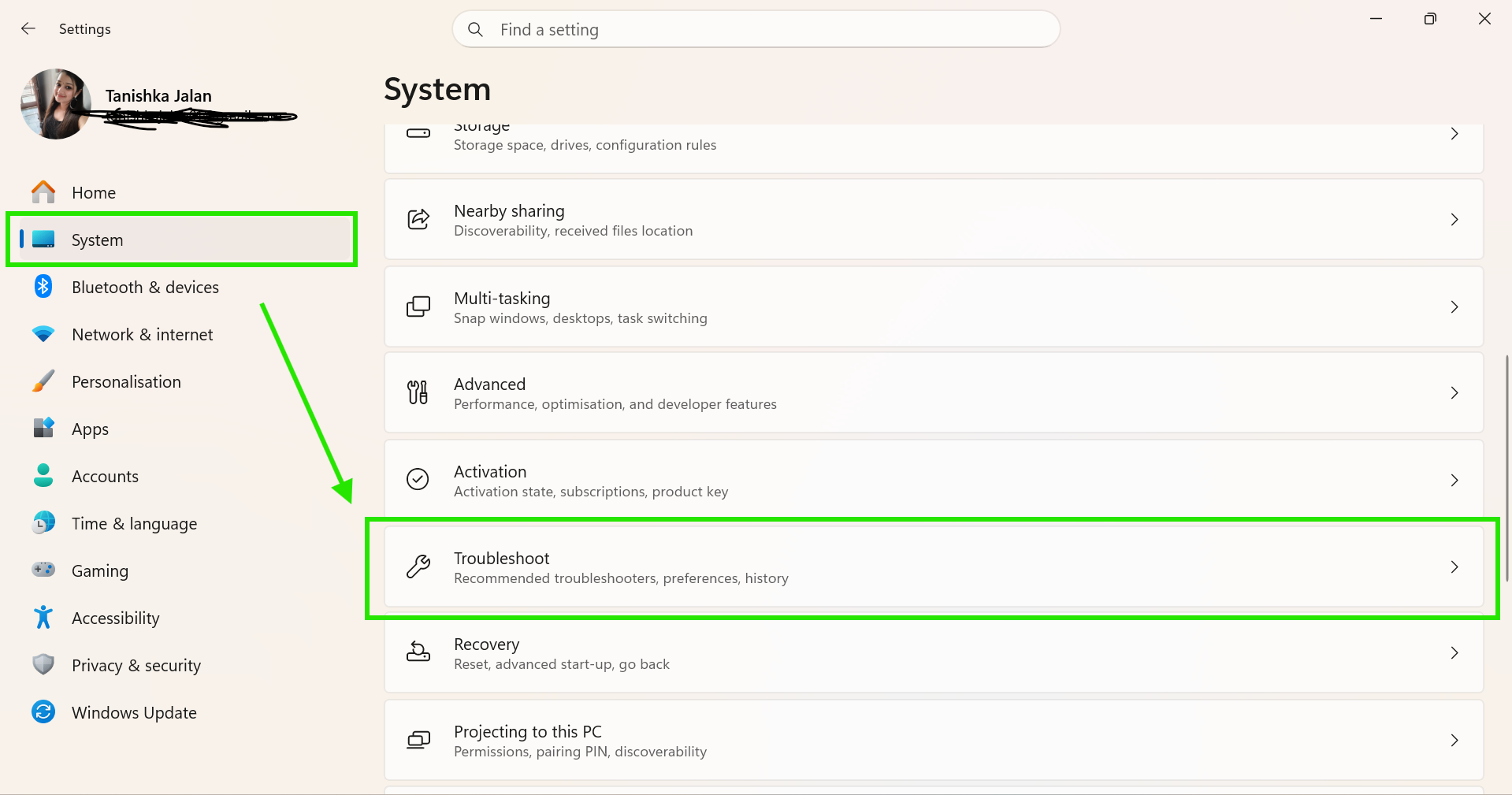 System > Troubleshoot