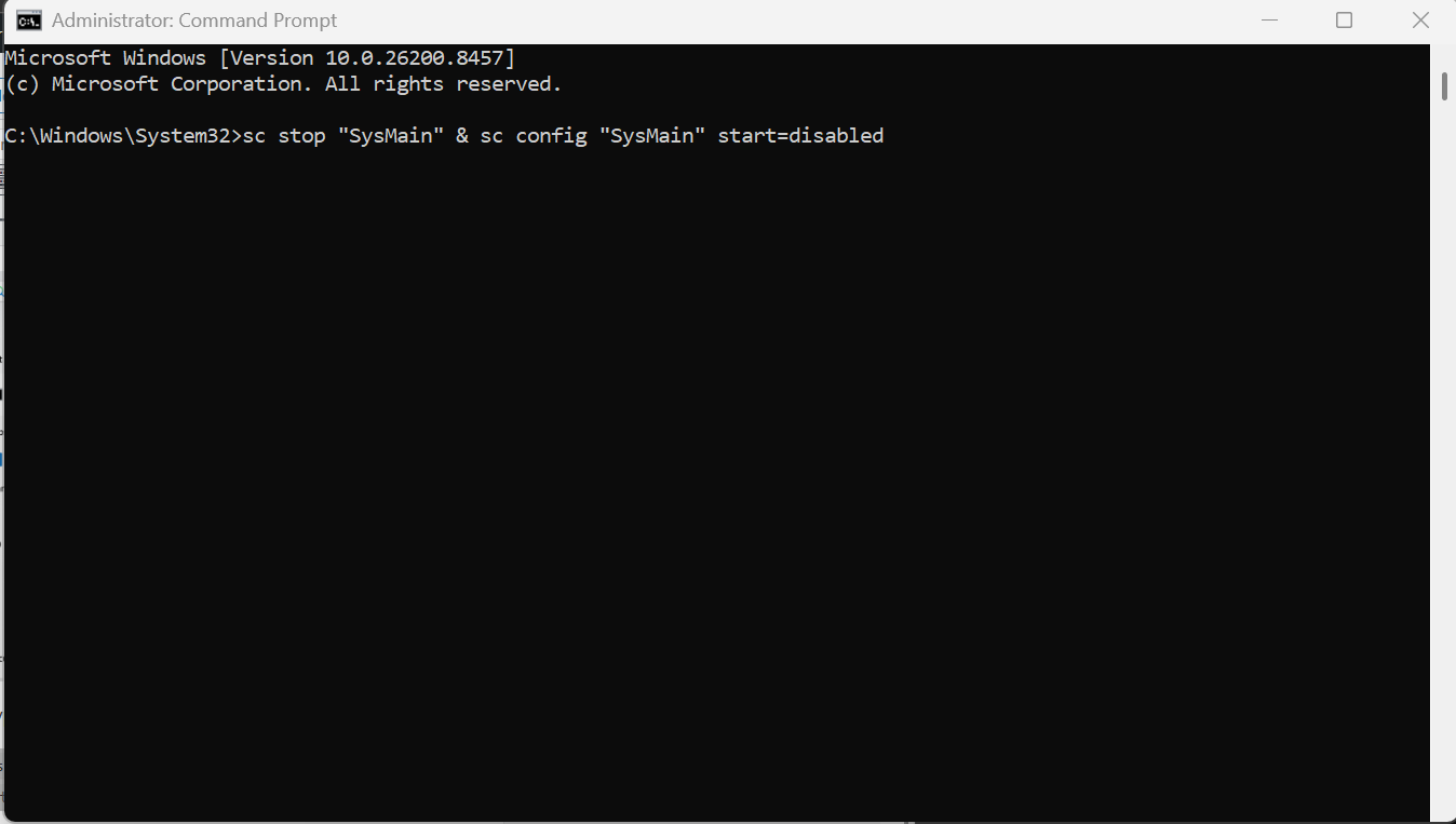 sc stop "SysMain" & sc config "SysMain" start=disabled