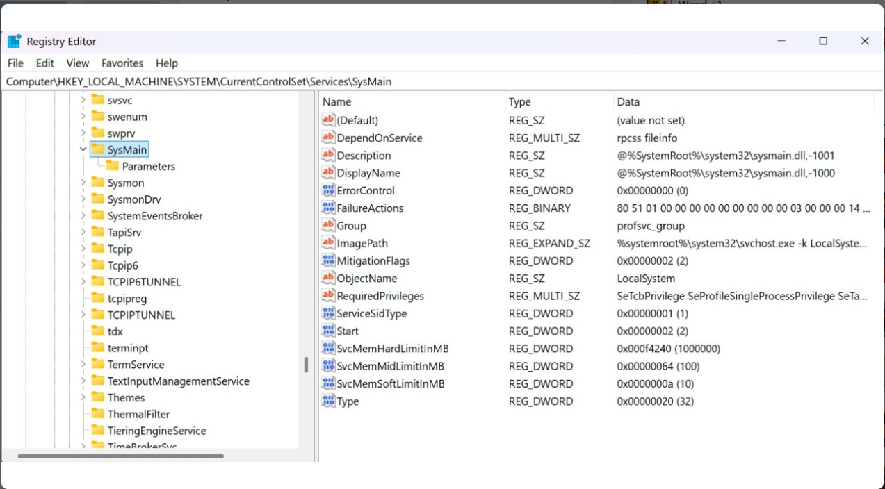 HKEY_LOCAL_MACHINE\SYSTEM\CurrentControlSet\Services\SysMain
