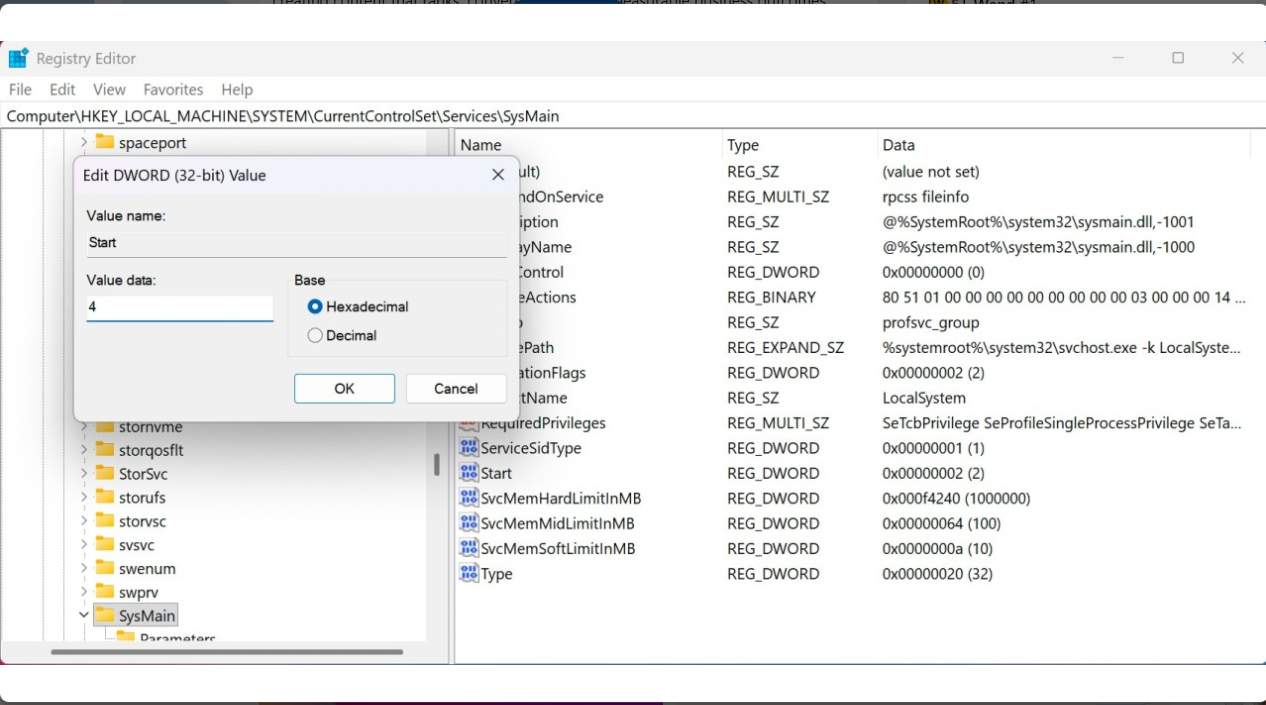 Change the value data to 4.