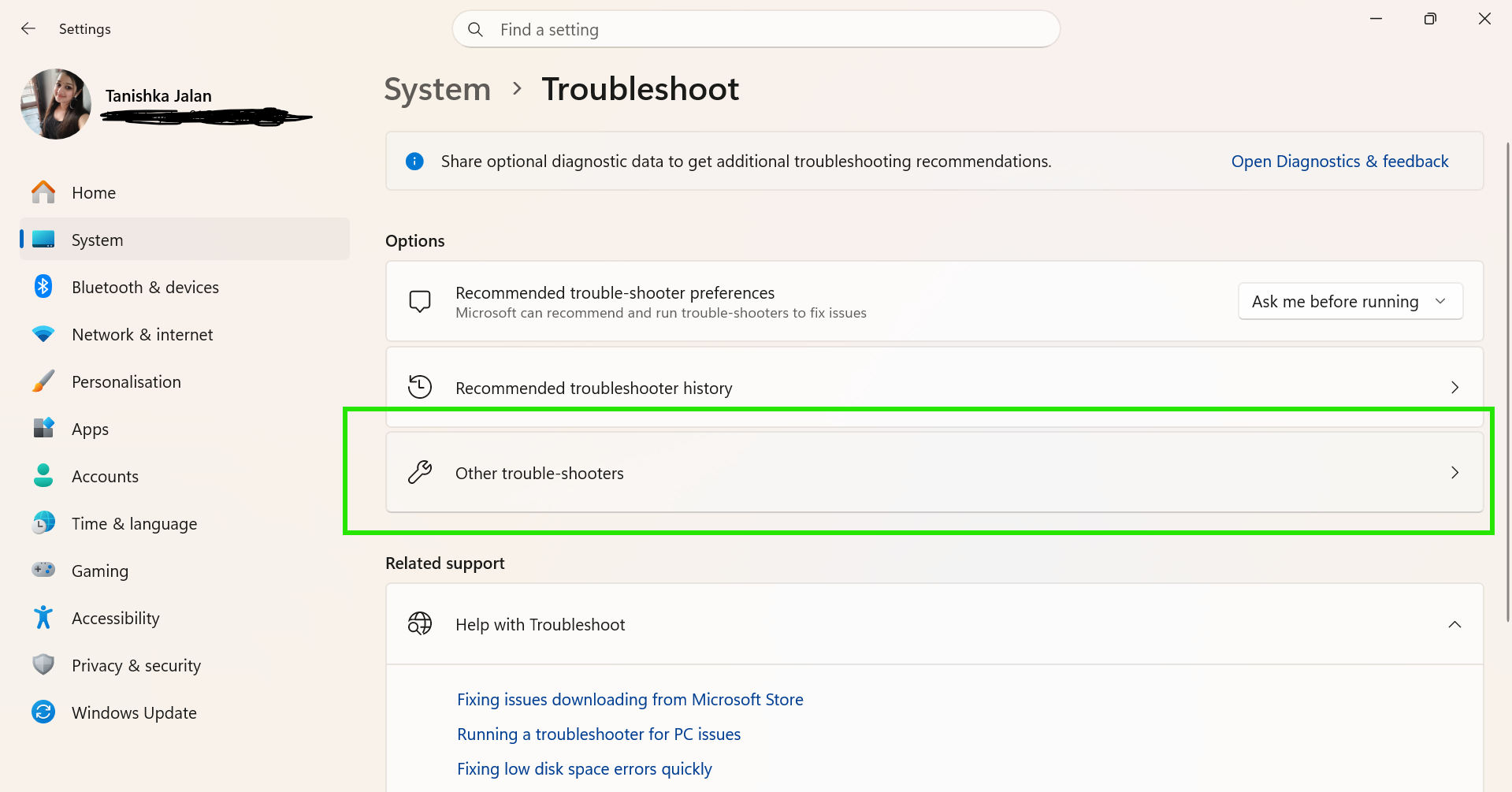 Troubleshoot>Other troubleshooters