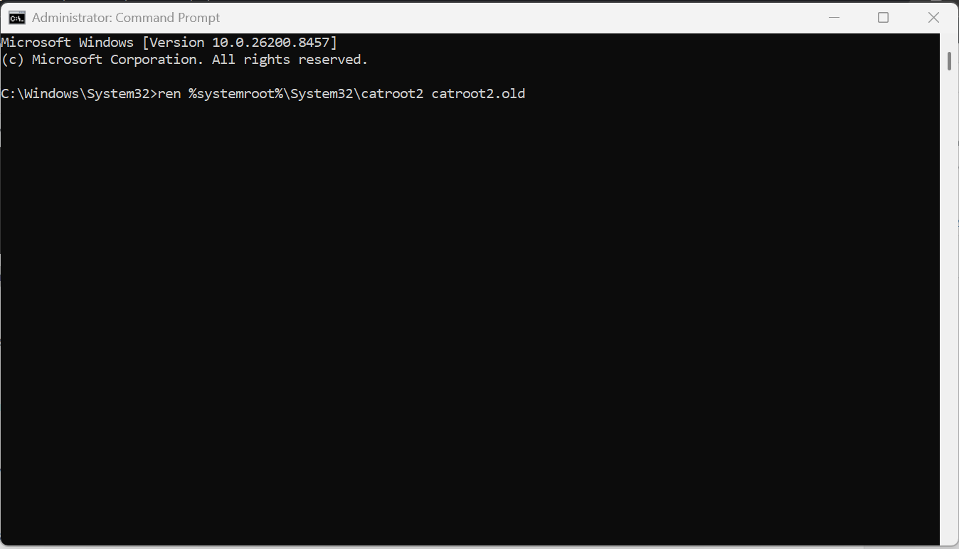 ren %systemroot%\System32\catroot2 catroot2.old