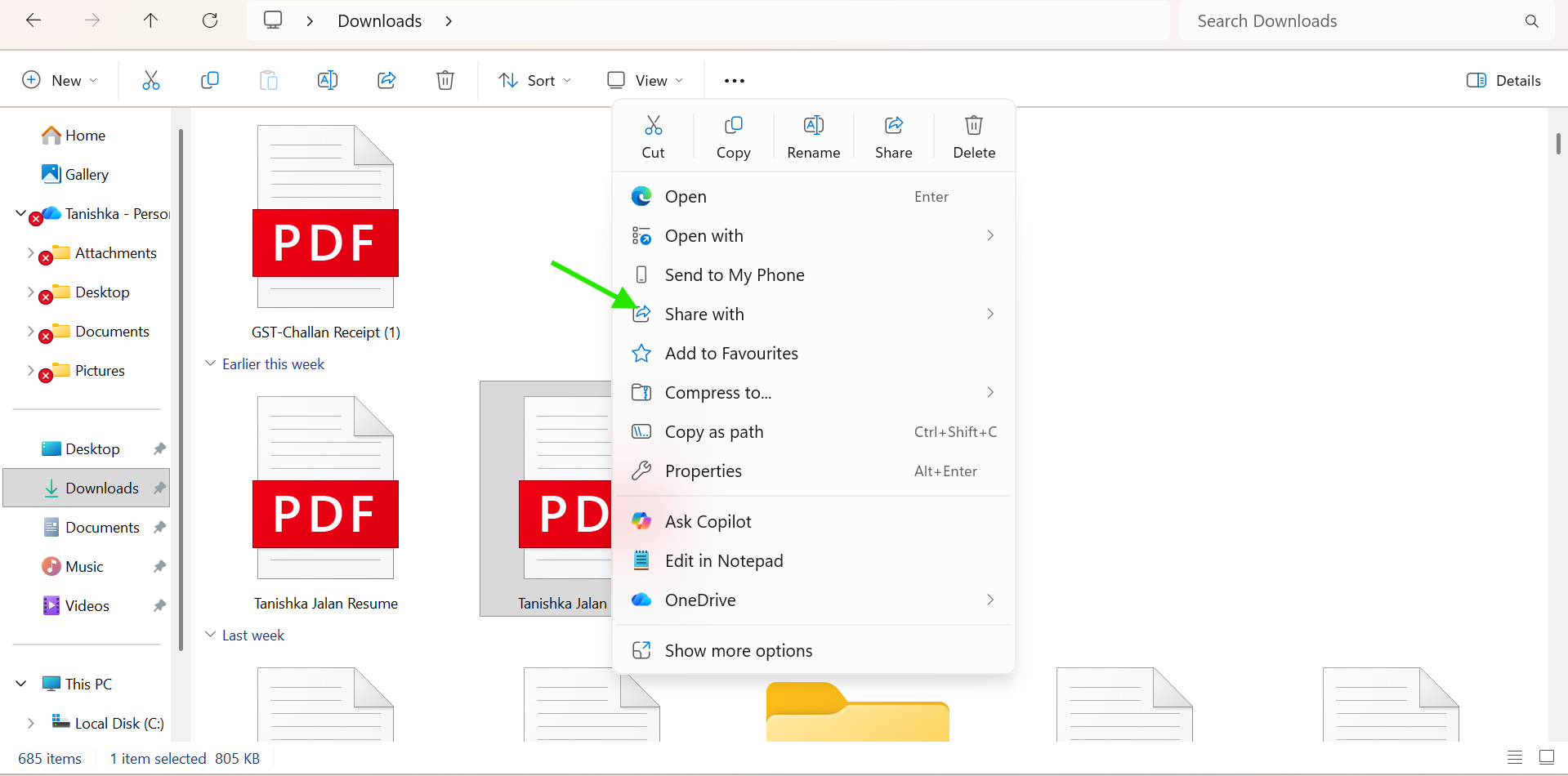 Right-click the file you want to share