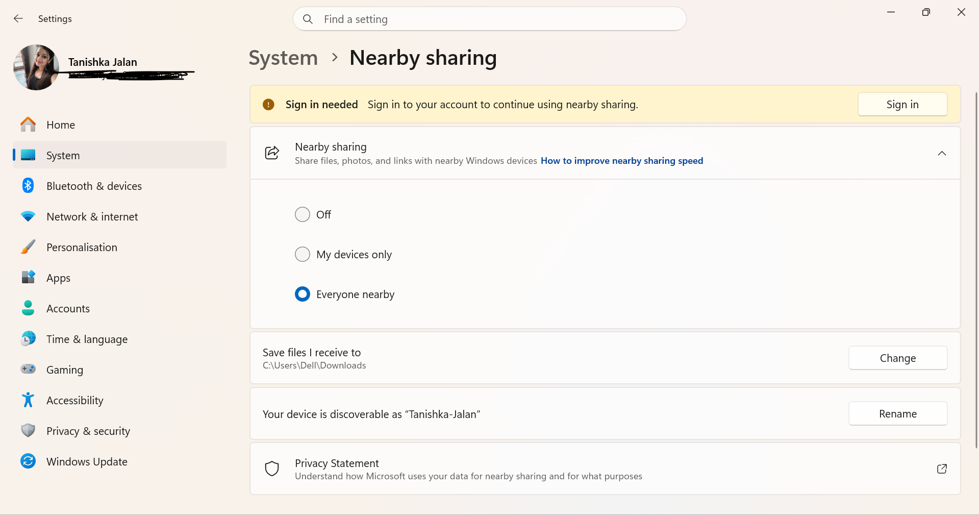 Choose one of the following options to Enable or Disable Nearby Sharing