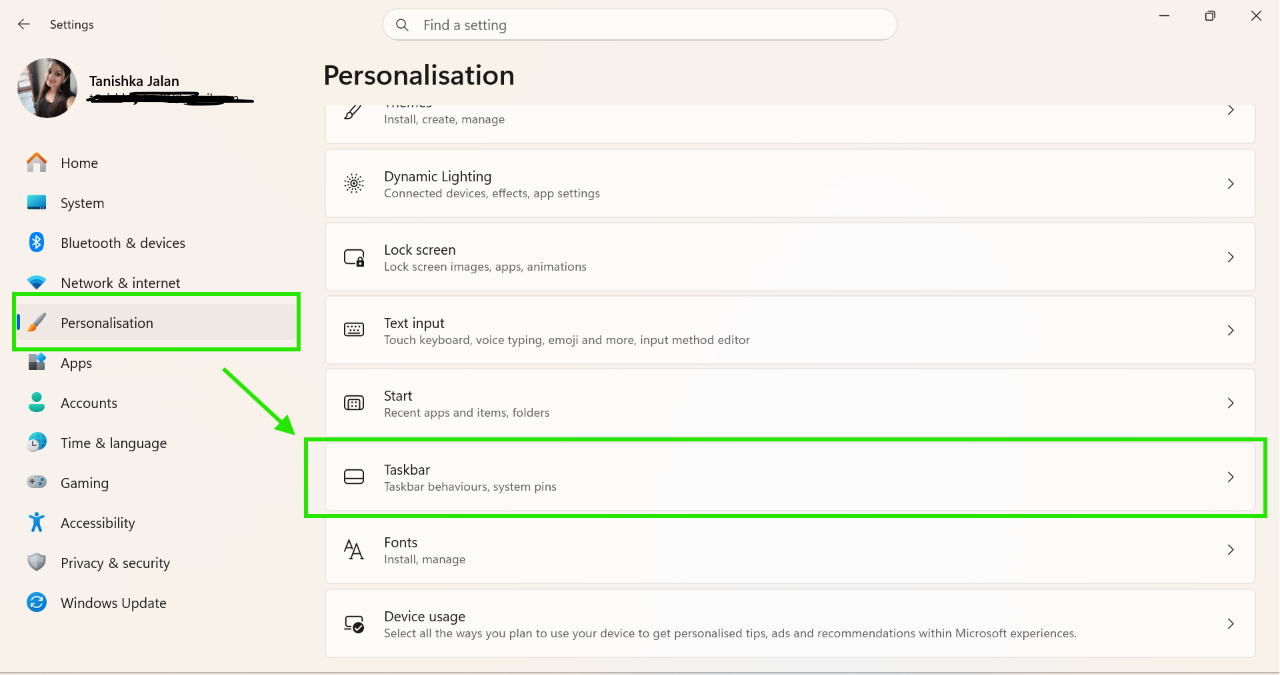 Personalisation> Taskbar