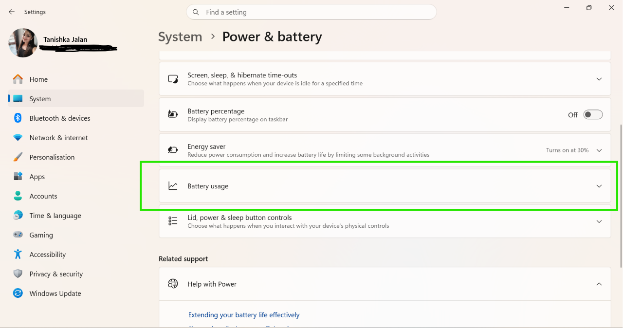 Power And Battery > Battery usage