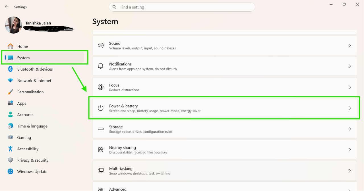 Settings > System > Power And Battery