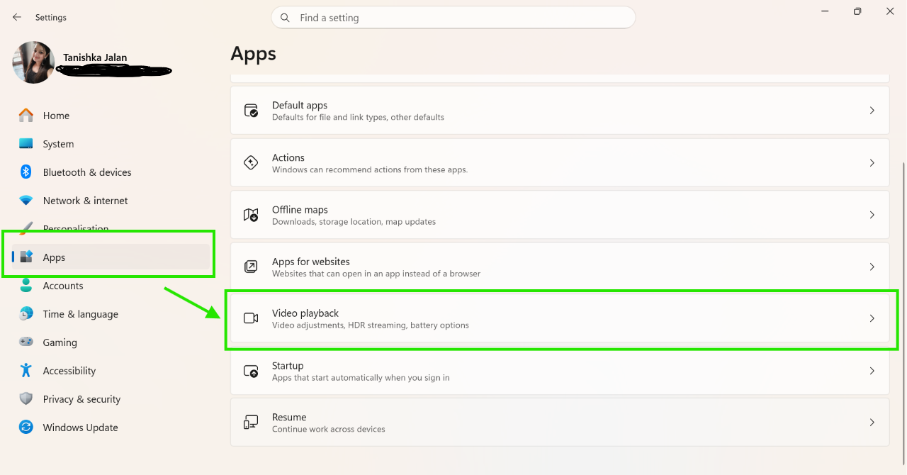 Settings > Apps > Video playback