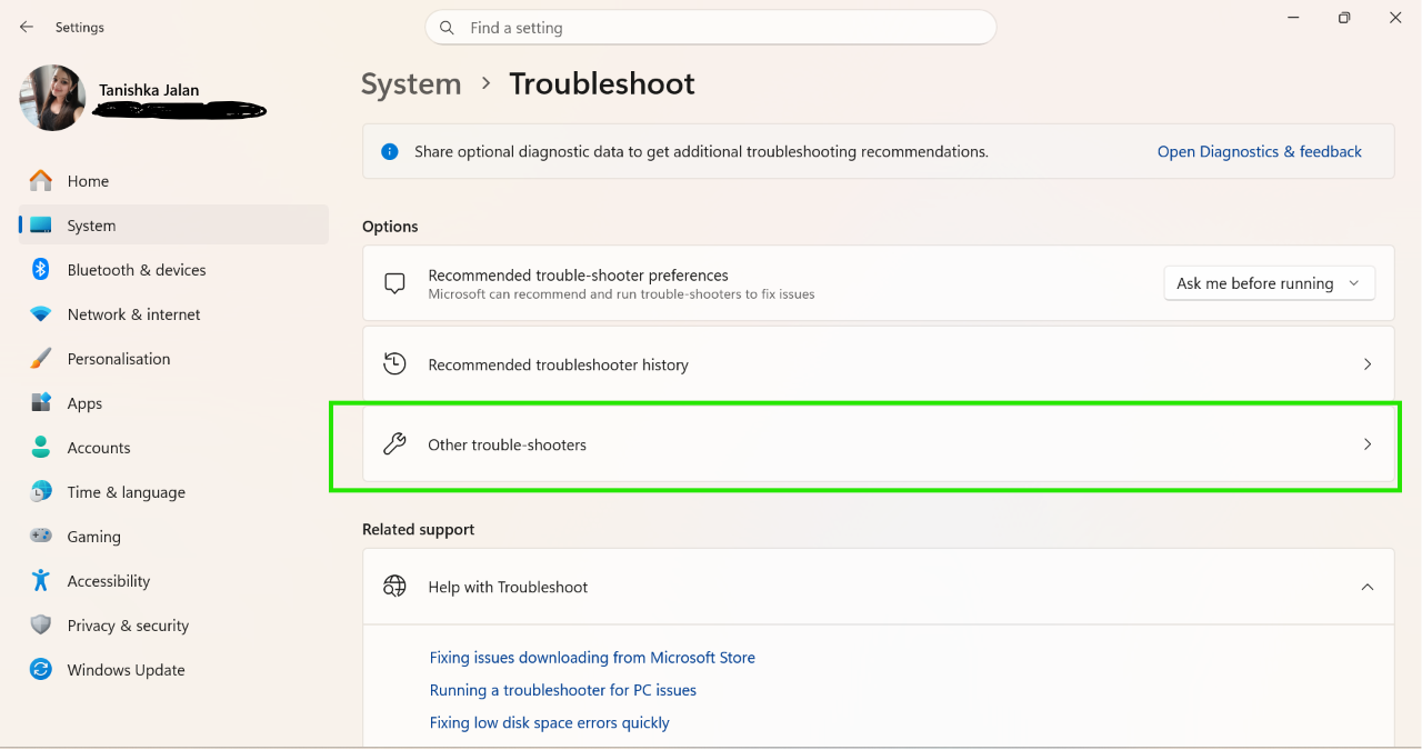 Troubleshoot > Other Troubleshooter