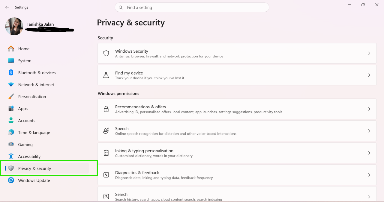 Settings > Privacy & Security