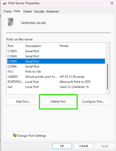 Delete Port to Clear Stuck Print Jobs