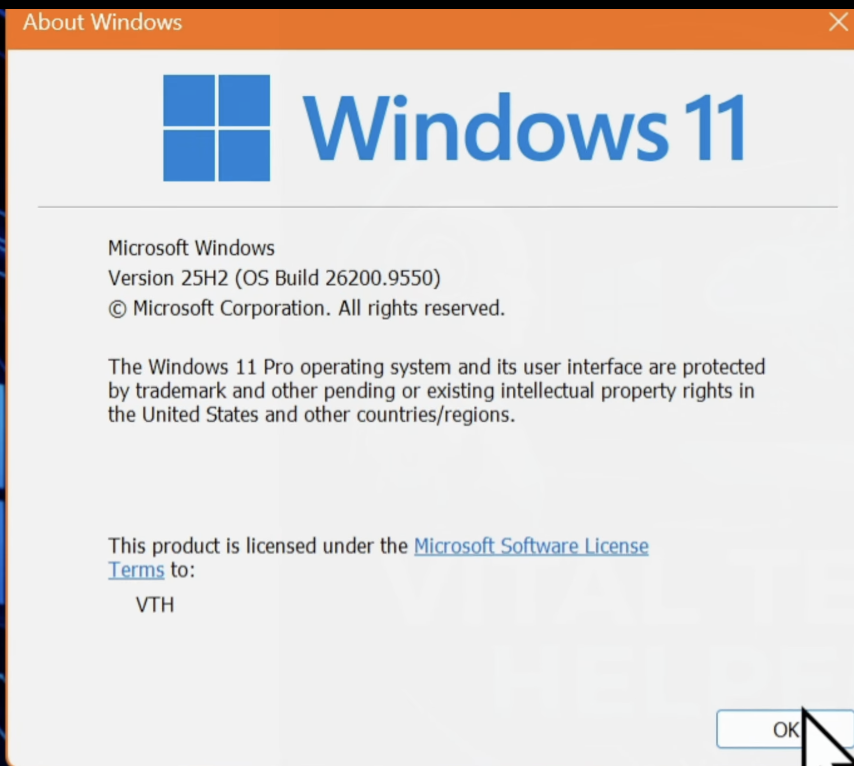 About Windows showing Windows 11 version 25H2.