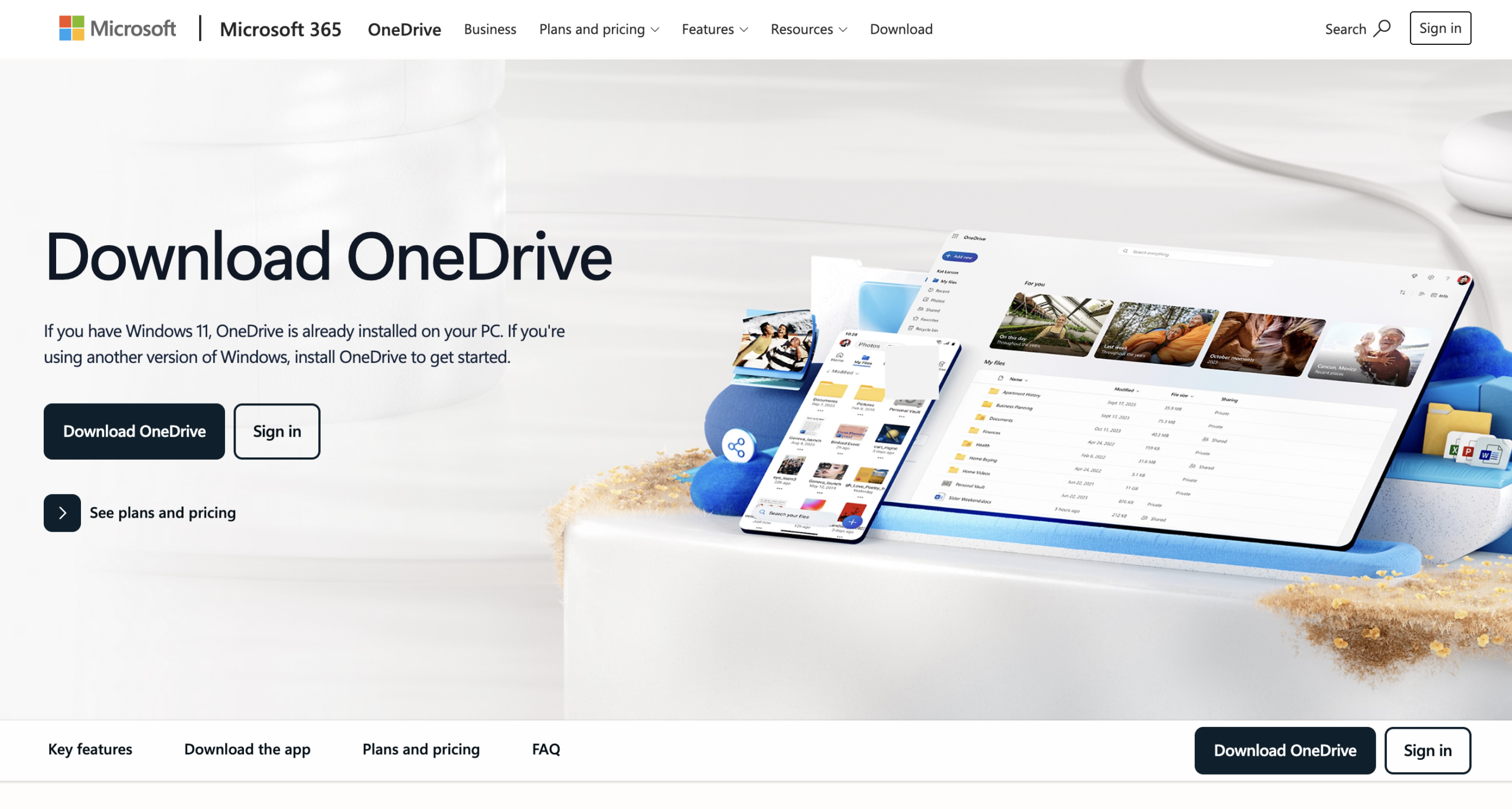 Microsoft OneDrive download page with download and sign-in options for Windows users.