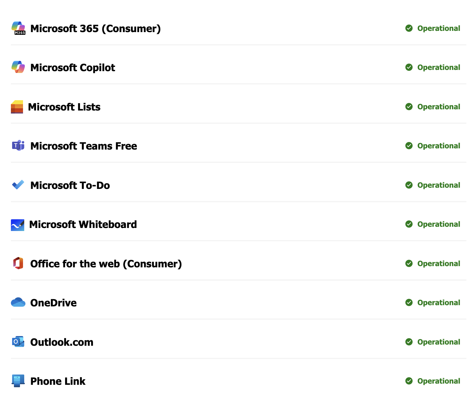 Microsoft service status page showing OneDrive and other Microsoft services marked as operational.