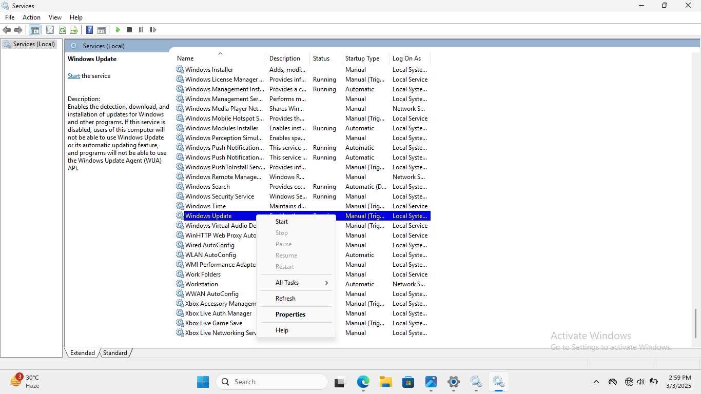 The services page showing Windows Update option