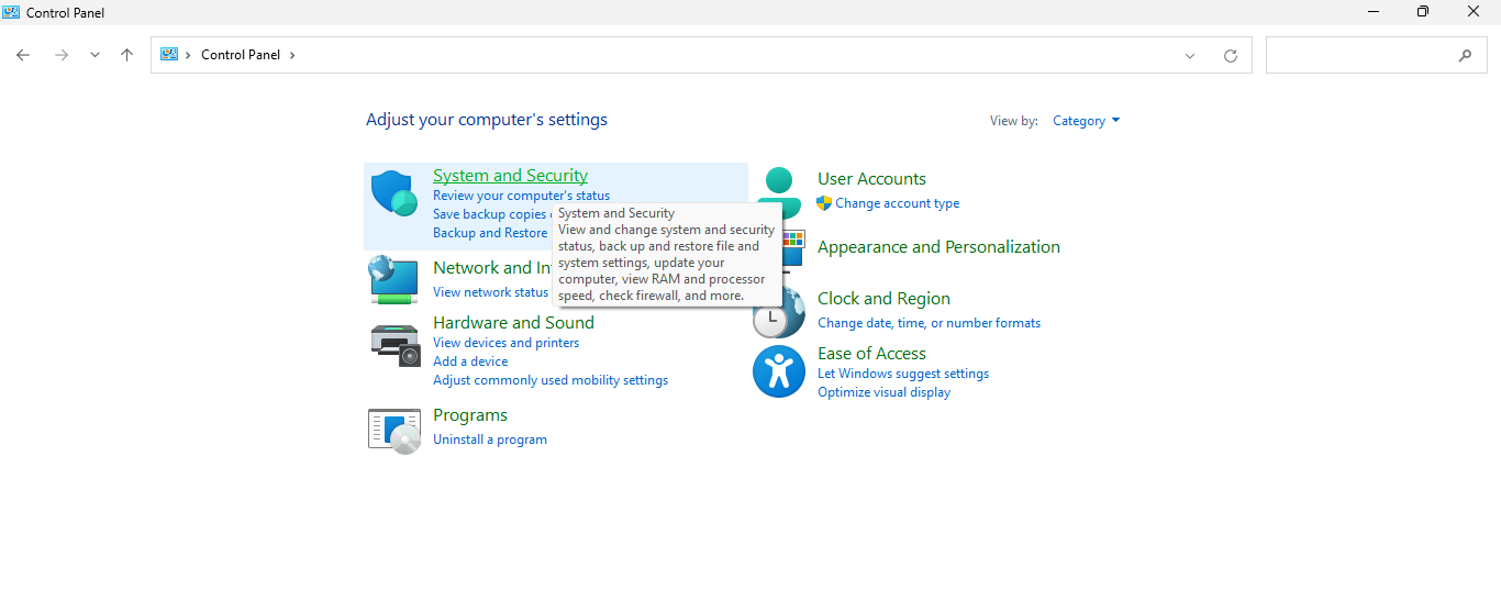 Control Panel showing System and Security option 