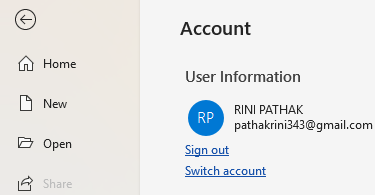 Checking the user information in MS Word's Account page