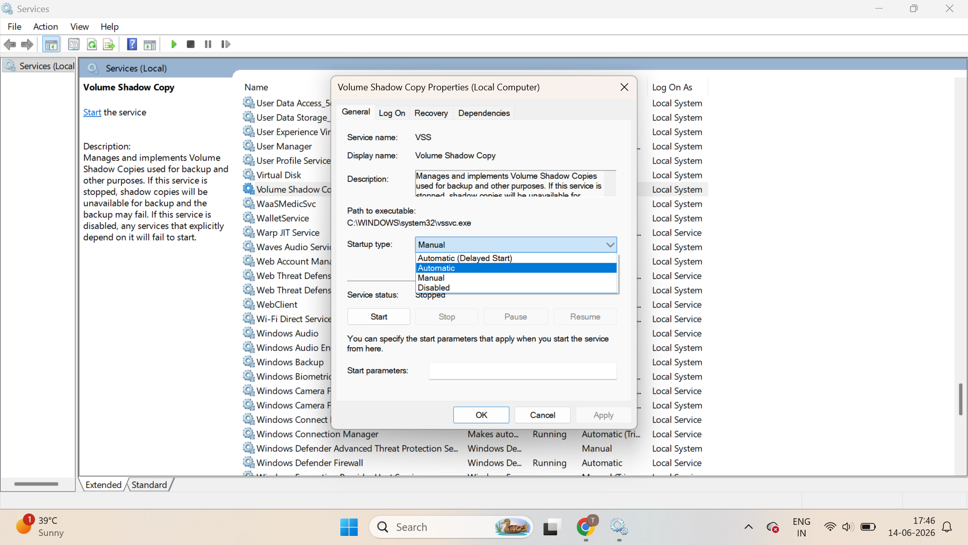 Startup type to Automatic to Fix Backup Failed On Windows 11 PC