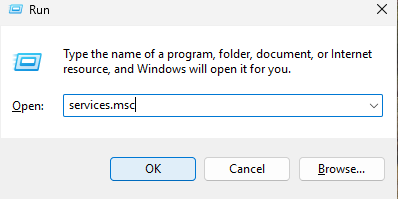 The run dialog box showing services.msc option