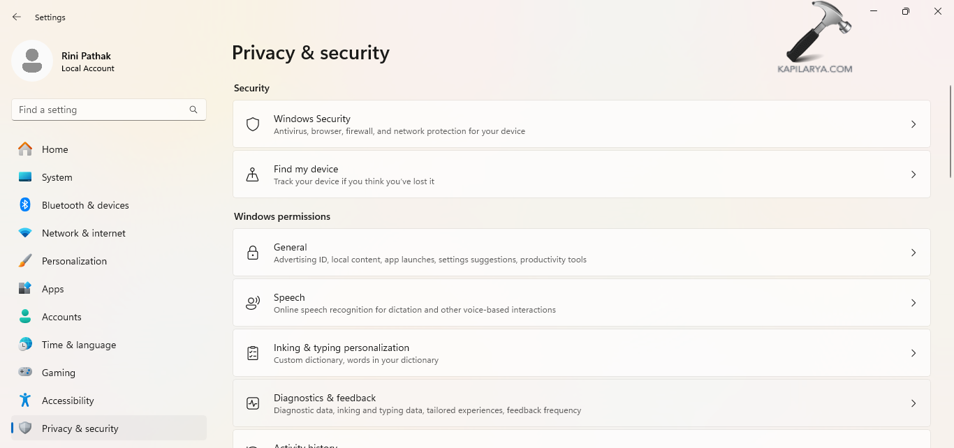 Opening diagnostics & feedback under Privacy & security
