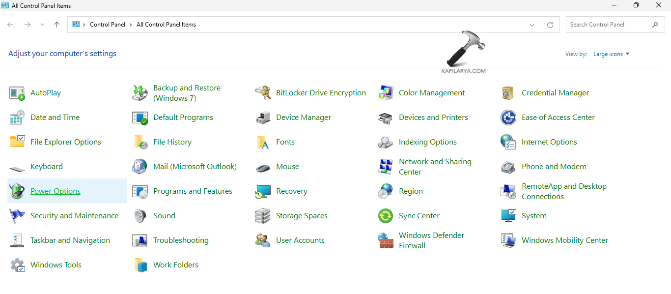 Opening power options in control panel to fix Windows shutting down
