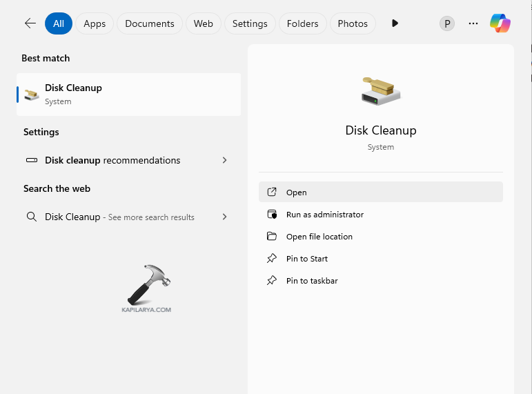 Opening Disk Cleanup tool for fixing No usable free extent error found on DISKPART