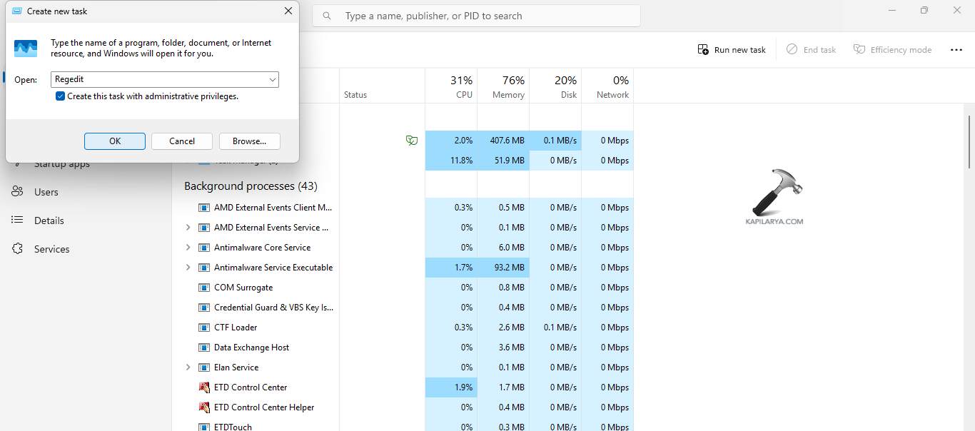 Opening registry editor