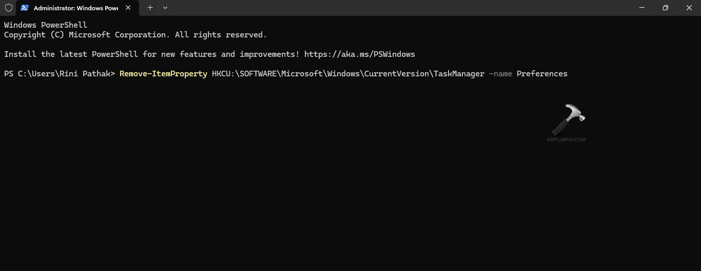 Running PowerShell for resetting Task Manager to default