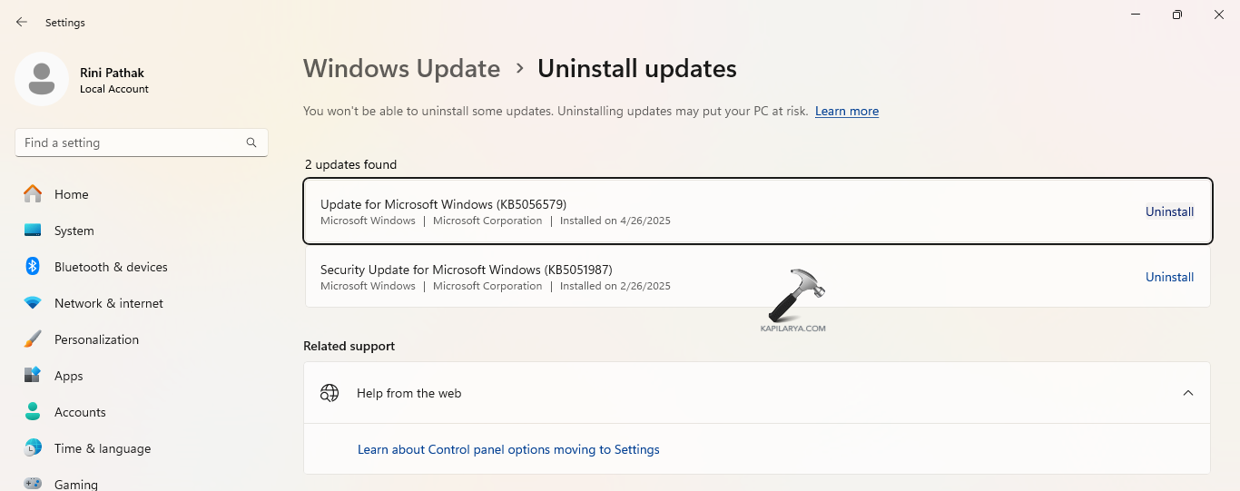 Uninstalling updates