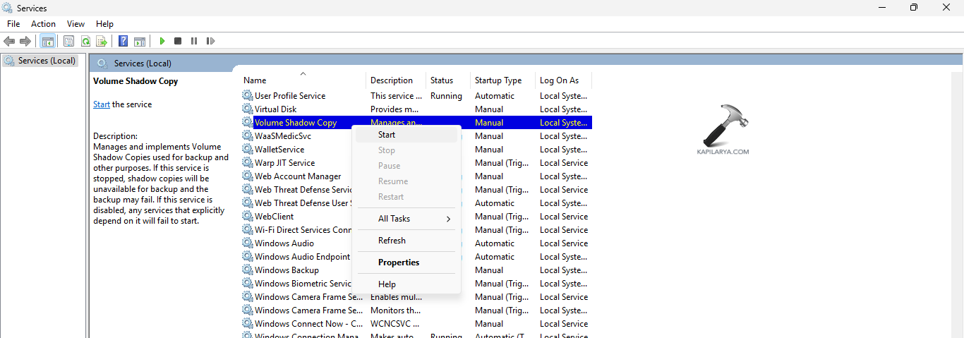 Starting Volume Shadow copy
