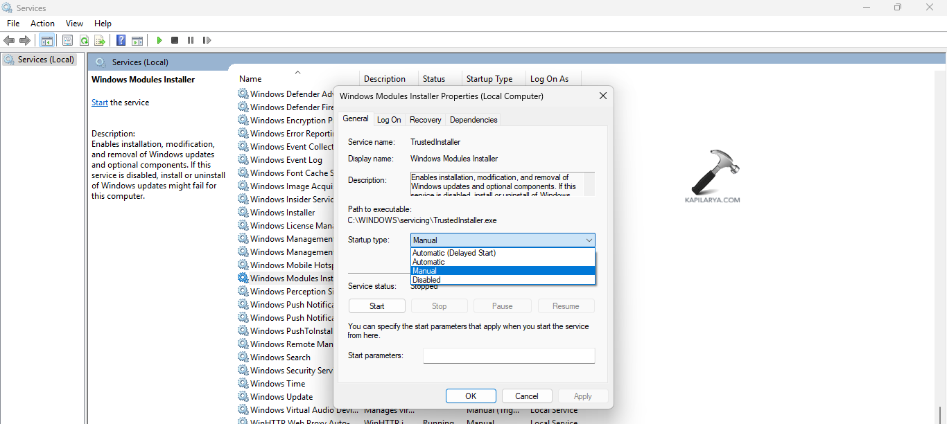 Changing the Startup type to Manual