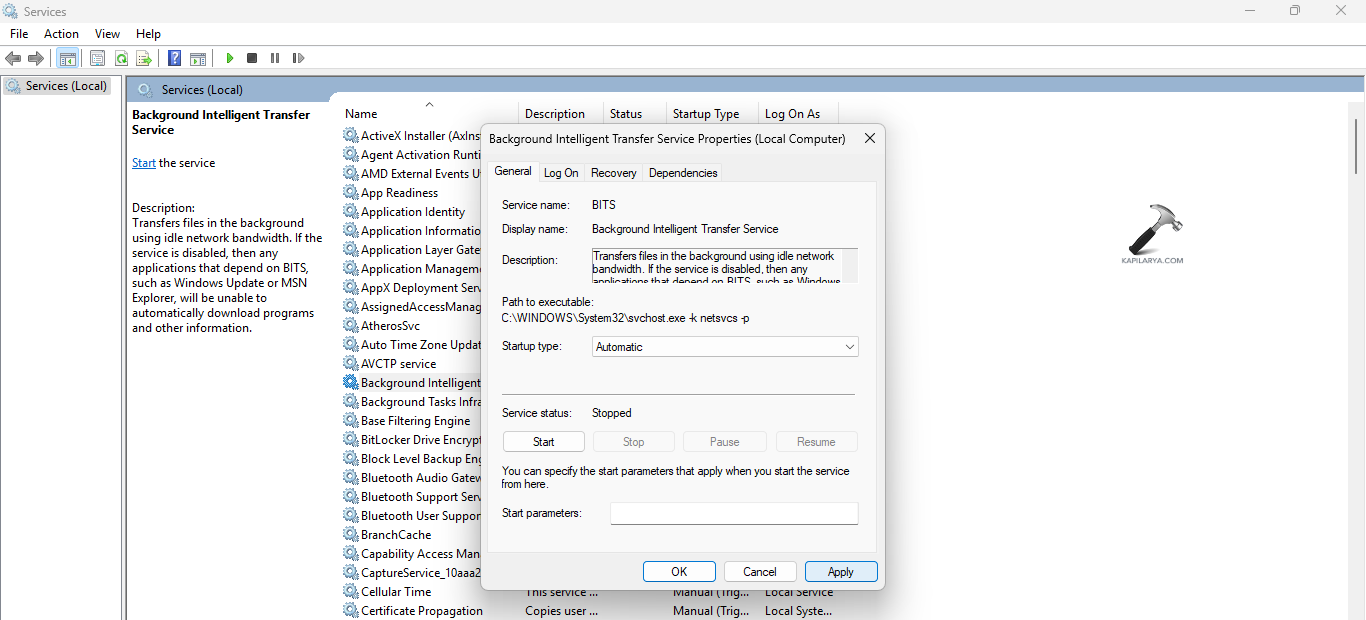 Changing the Startup type to Automatic