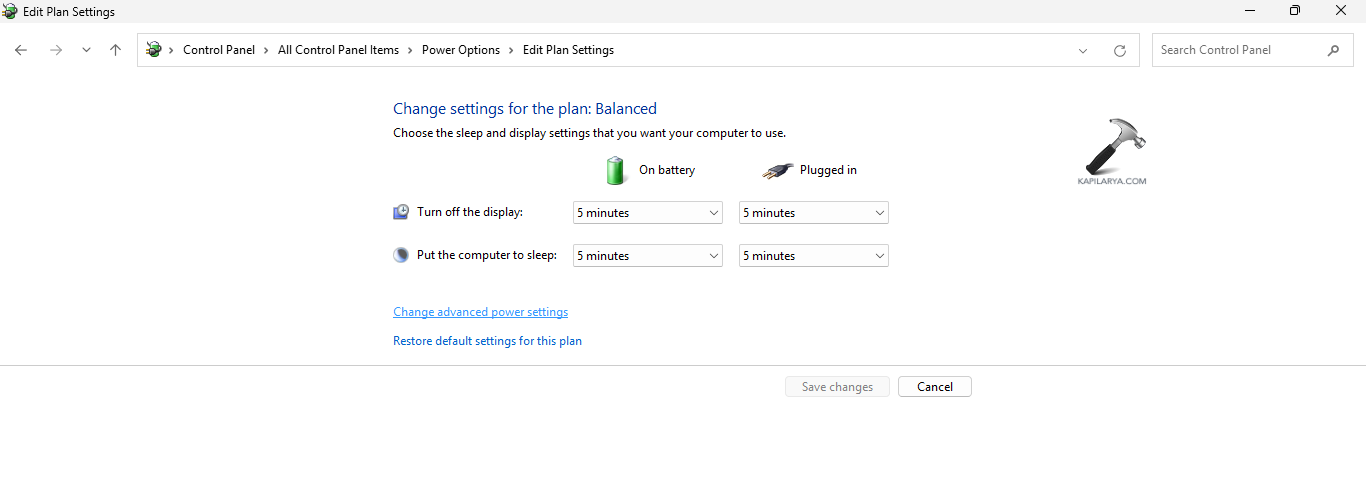 Changing advanced power settings