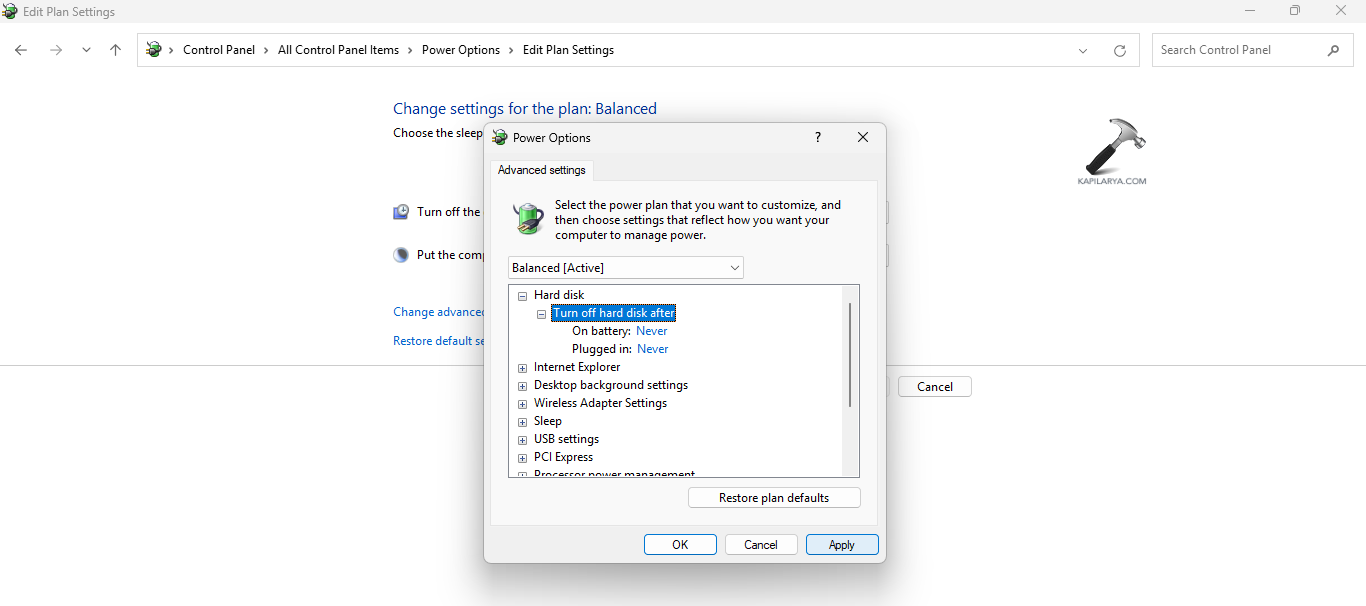Changing power settings