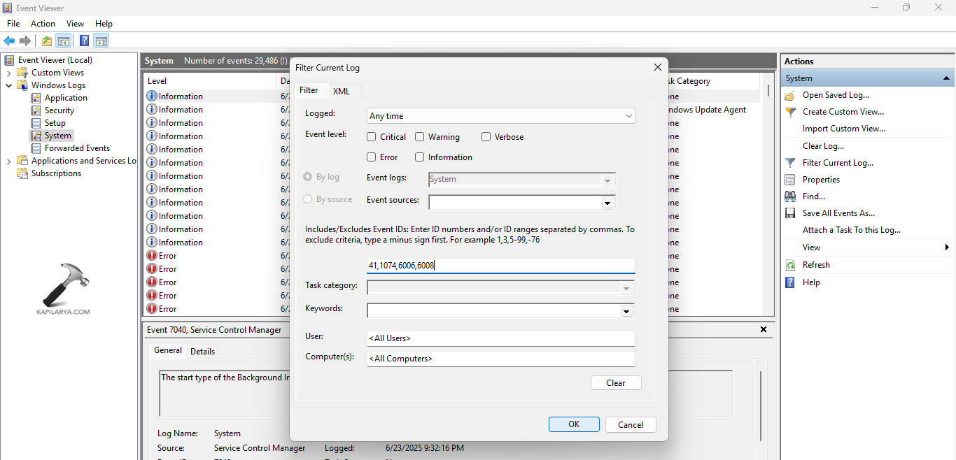 Opening Filter Current log 