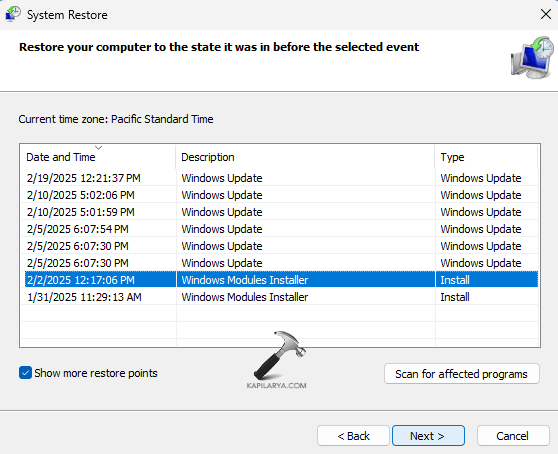 Choosing a restore point for fixing Windows 11 keeps shutting down