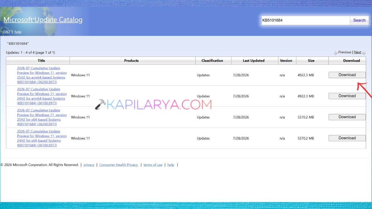 Search KB in Microsoft Update Catalog Fix Windows Update error code 0x800704c7