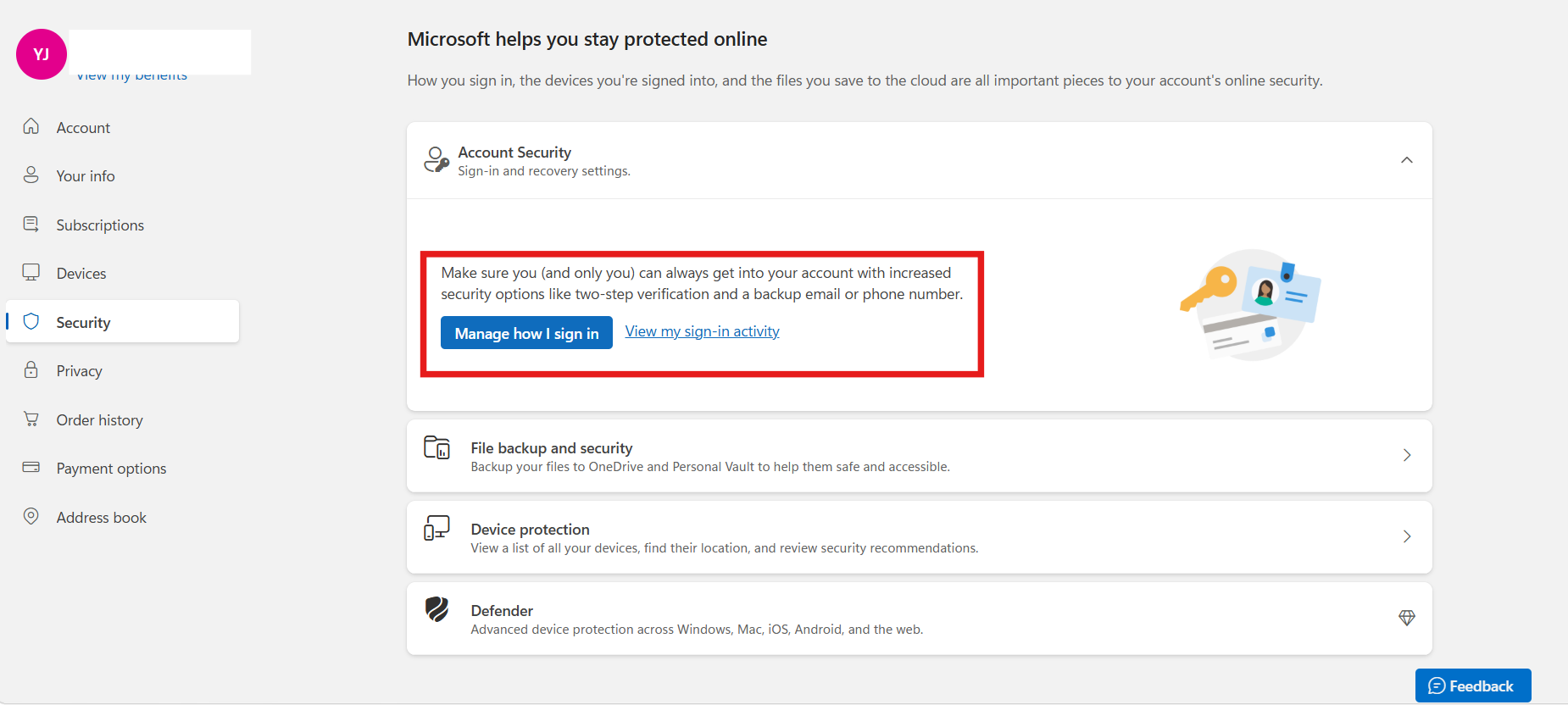 Go to Security in Settings: Add passkey to Microsoft account in Windows 11