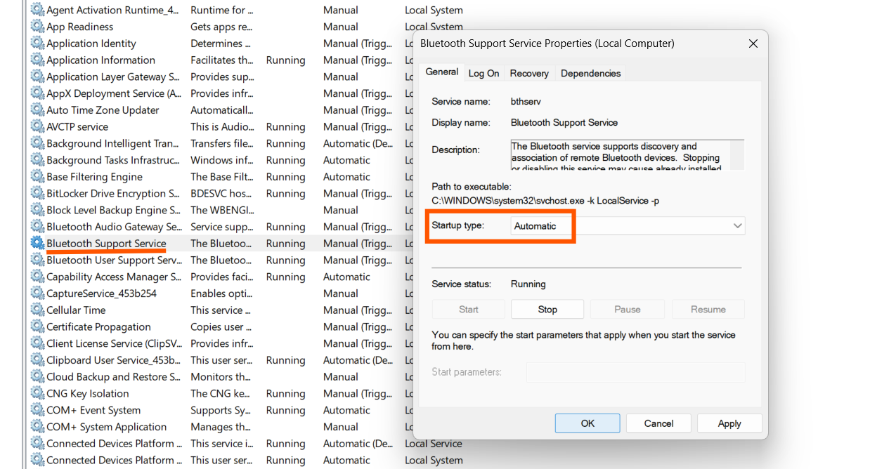 Set Startup type to Automatic: Bluetooth problems in Windows 11