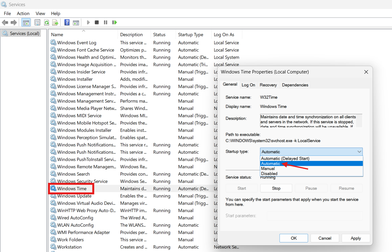 Set Windows time to automatic