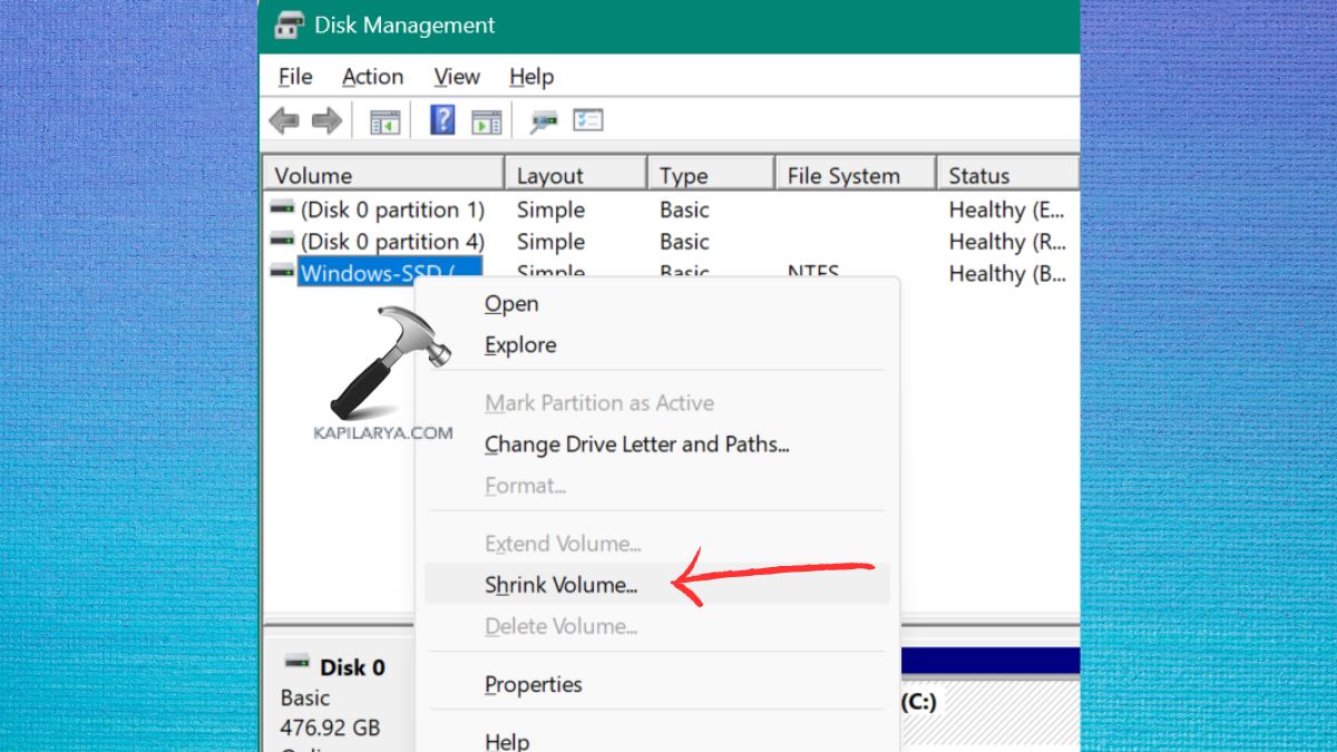 Shrink Volume Disk Management