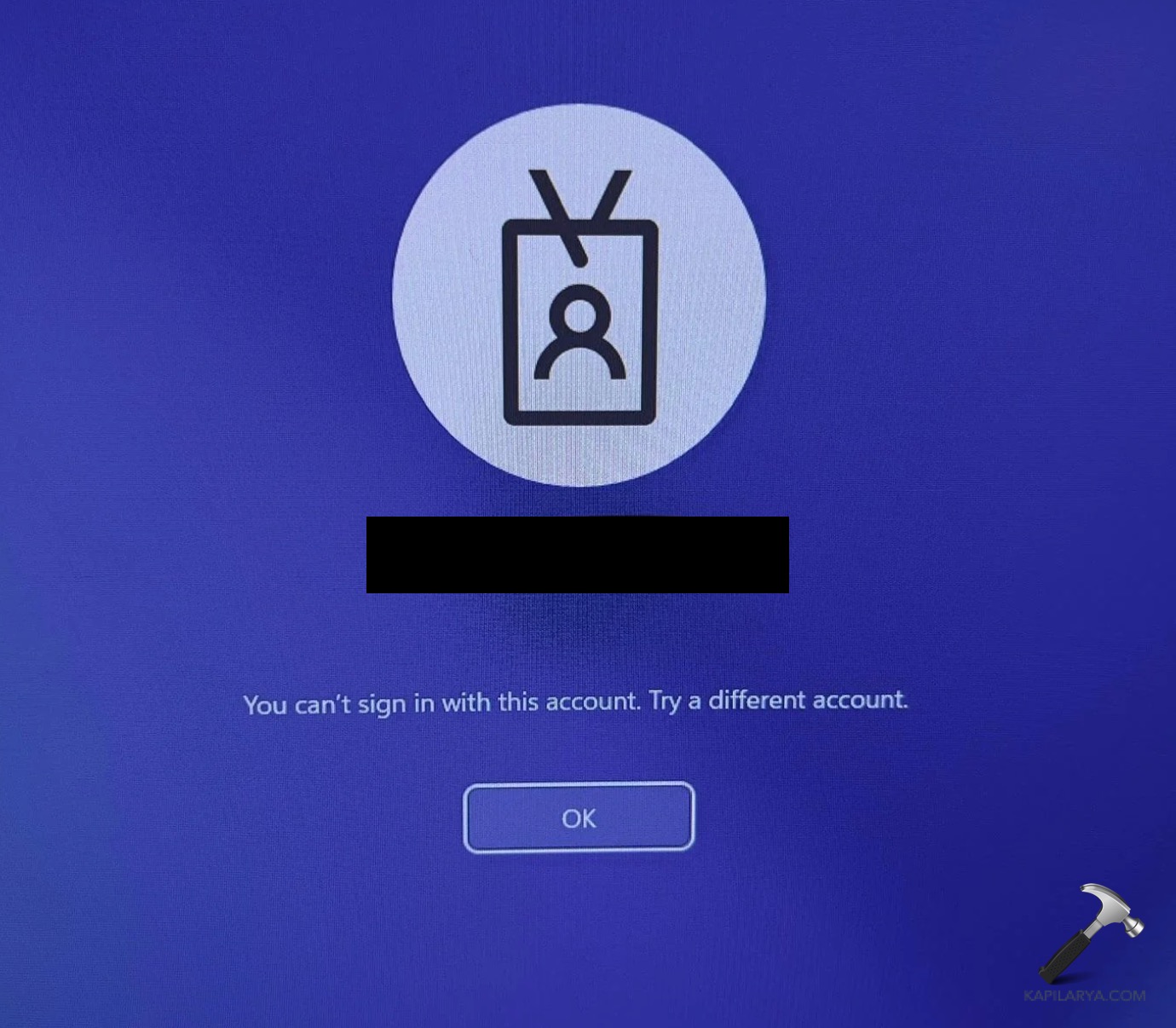 You can’t sign in with this account, Try a different account