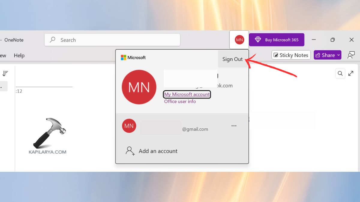 Sign out in OneNote